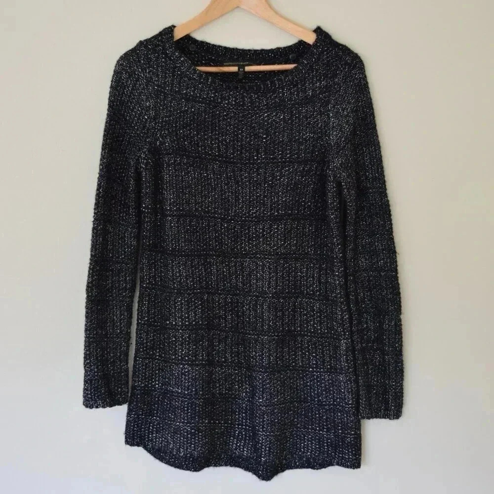 WHITE HOUSE BLACK MARKET Black & Silver Knitted Pullover Sweater Top XS
